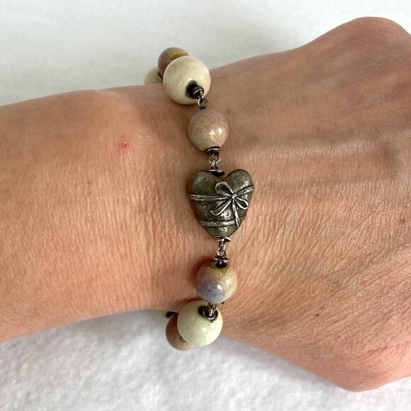 Sterling Silver 925 Italy Ceramic Beaded Pewter Heart Bow Bracelet - Picture 2 of 16